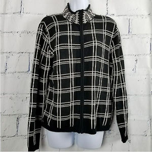 Talbots Cardigan Sweater Jacket Black White Plaid